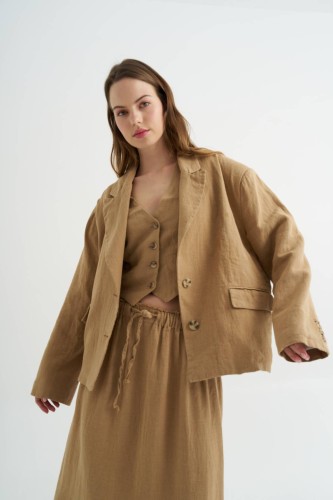 New Mission - Camel Keten Oversize Ceket