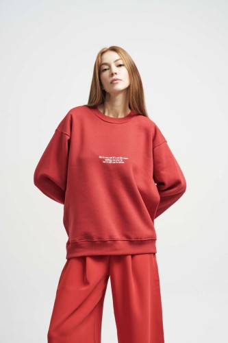 New Mission - Kırmızı Yazı Baskılı Sweatshirt