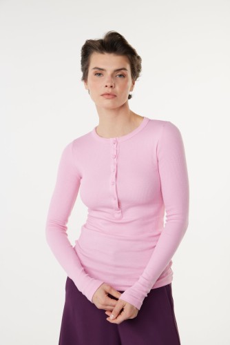New Mission - Pembe Bisiklet Yaka Yarım Düğmeli Fitilli Bluz