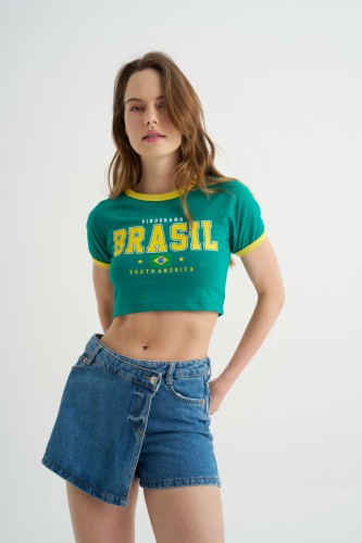 New Mission - Yeşil Brezilya Baskılı Crop Tişört