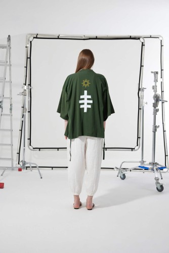 New Mission - Yeşil Keten Dokulu Baskılı Kimono